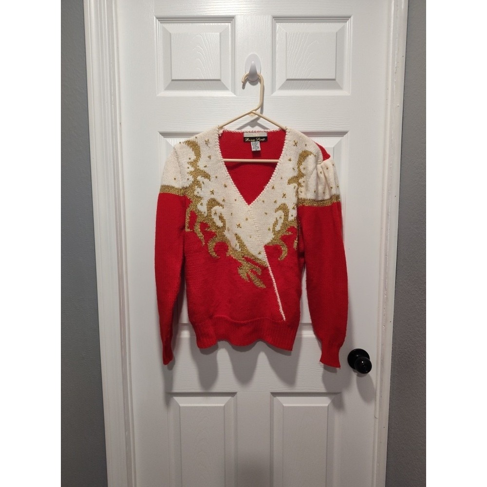 Vintage Dana Scott Sweater Womens Large Red Gold Pullover‎ Wrap V-Neck Holiday